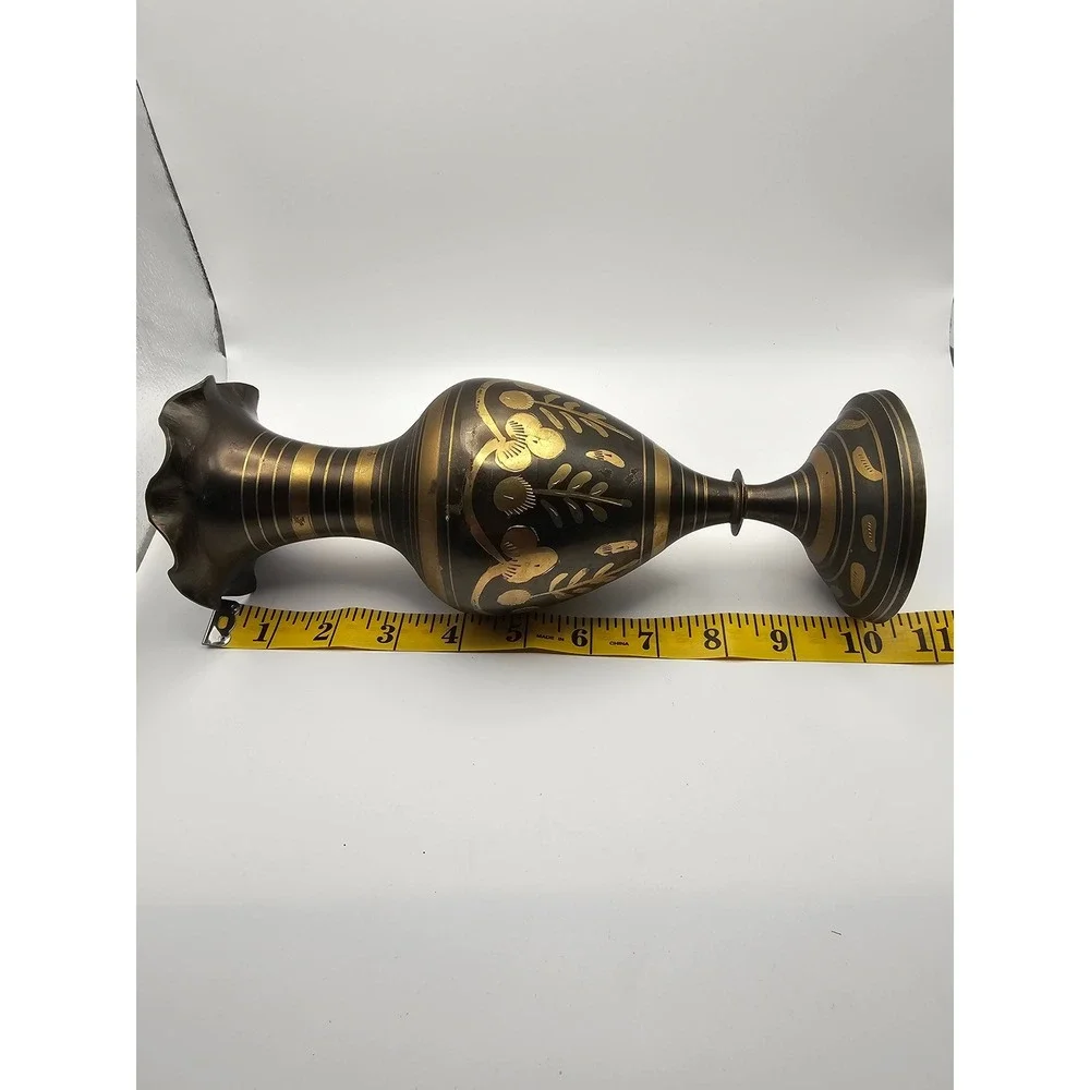 Vintage Etched Brass Vase Black Gold Floral Ruffled Rim Pedestal Base 10.5